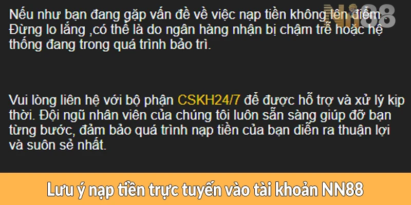 Lưu ý nạp tiền trực tuyến vào tài khoản NN88 Lưu ý nạp tiền trực tuyến vào tài khoản NN88